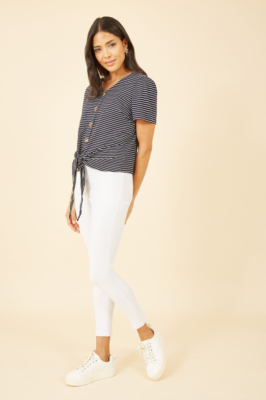 Yumi Navy Striped Jersey Button Detail Top - QHA UK