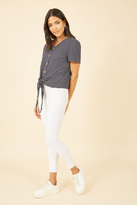 Yumi Navy Striped Jersey Button Detail Top - QHA UK