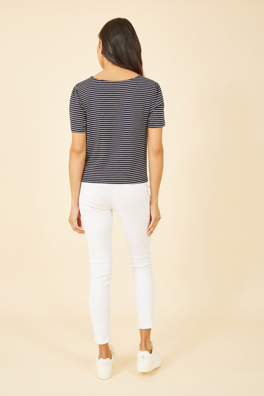 Yumi Navy Striped Jersey Button Detail Top - QHA UK