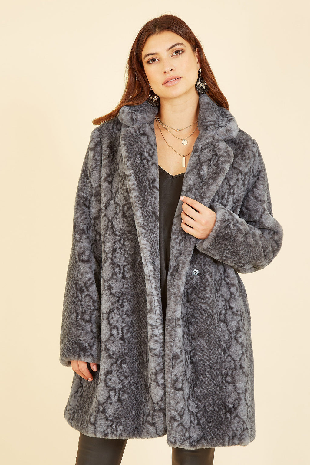 Yumi Grey Snakeskin Print Faux Fur Coat - QHA UK