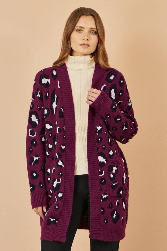 Yumi Burgundy Animal Intarsia Long Cardigan - QHA UK