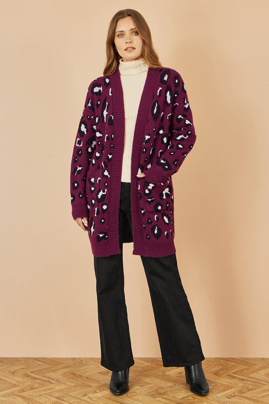 Yumi Burgundy Animal Intarsia Long Cardigan - QHA UK