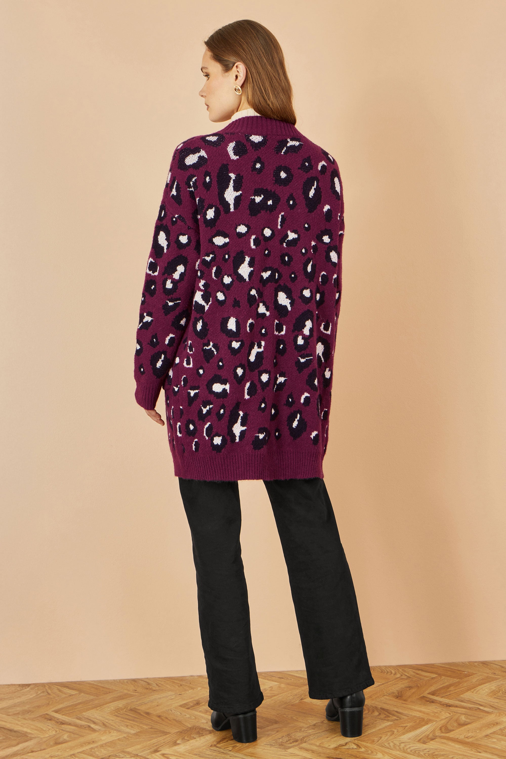 Yumi Burgundy Animal Intarsia Long Cardigan