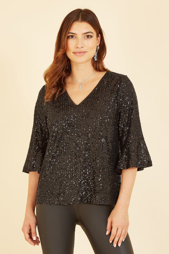 Yumi Black Sequin Top With Fluted Sleeve - QHA UK