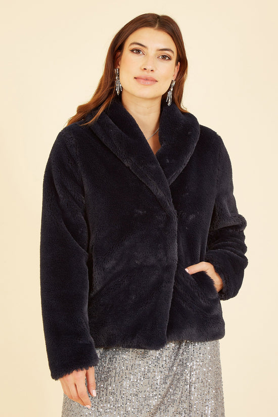 Yumi Black Short Wrap Faux Fur Coat - QHA UK