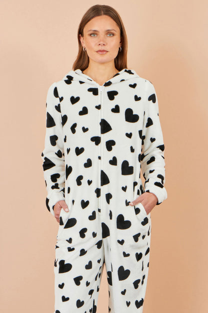 Yumi Women's White Heart Print Hooded Fleece Zip-Up Onesie with Pockets