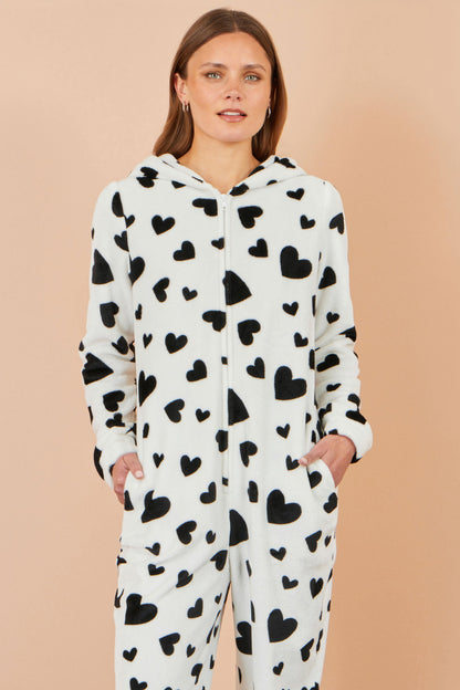 Yumi Women's White Heart Print Hooded Fleece Zip-Up Onesie with Pockets