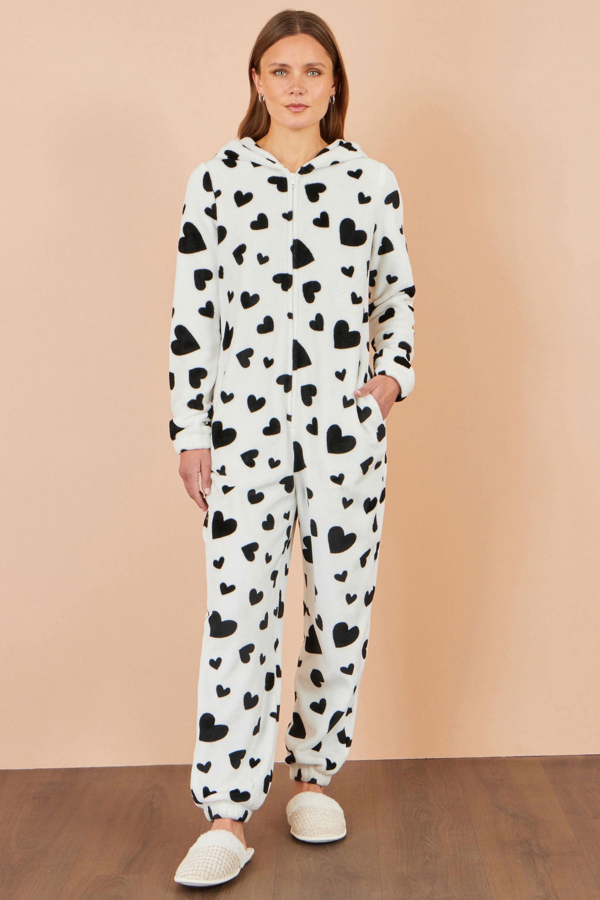 Yumi Women's White Heart Print Hooded Fleece Zip-Up Onesie with Pockets
