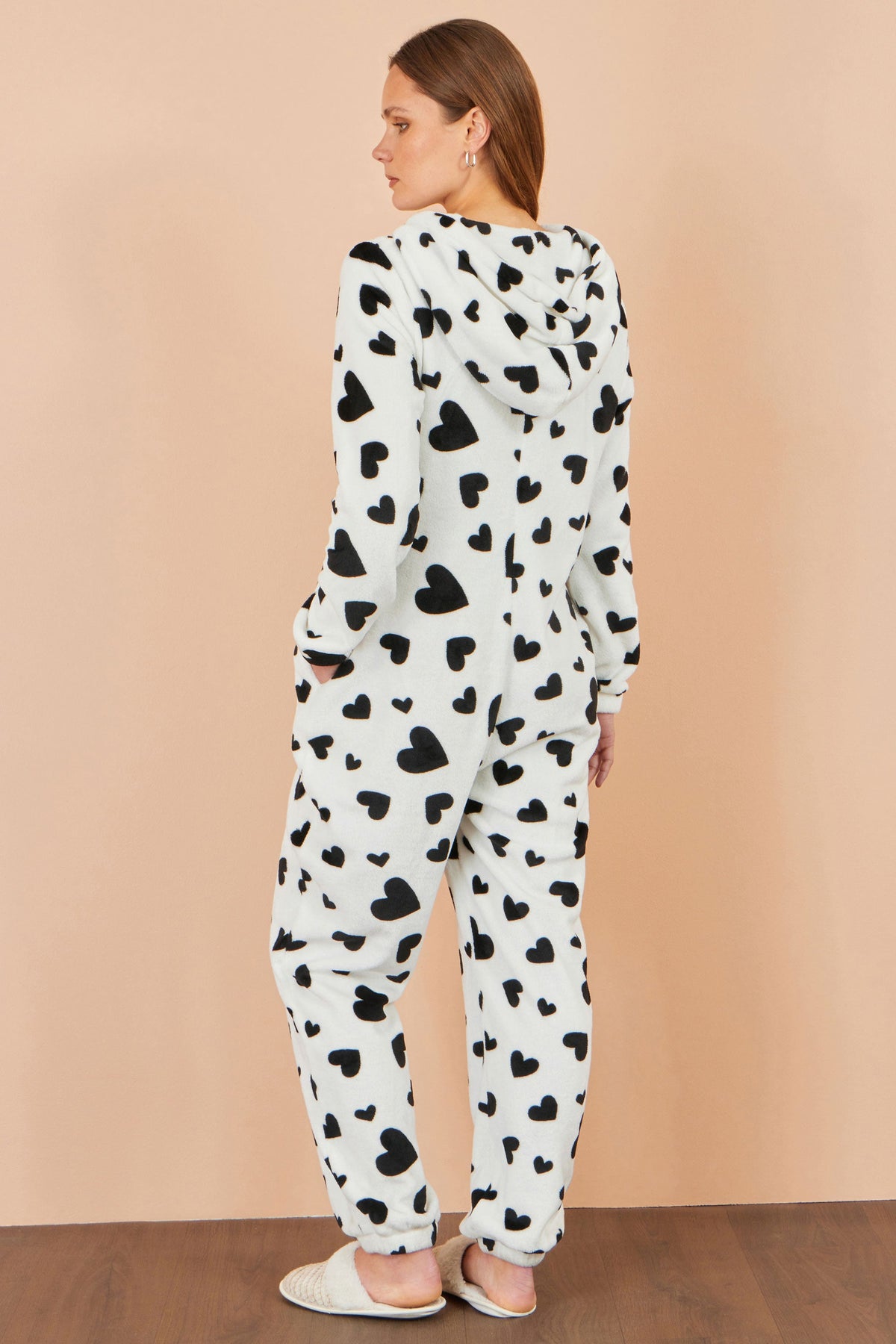 Yumi Women's White Heart Print Hooded Fleece Zip-Up Onesie with Pockets