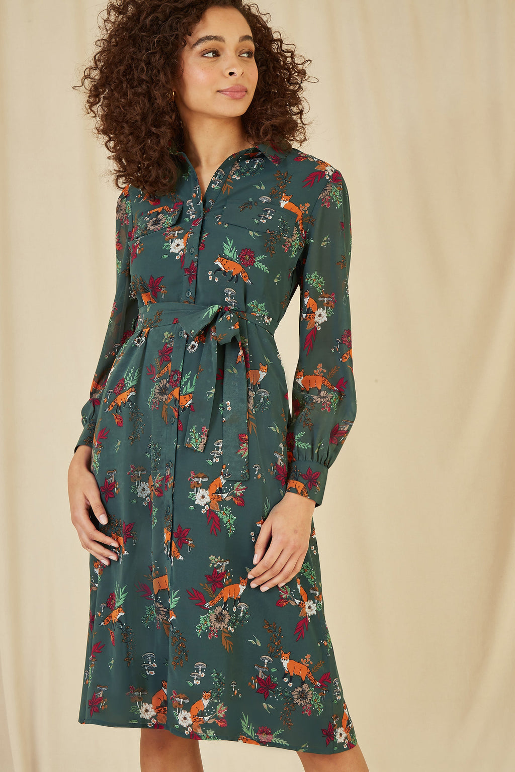 Yumi Recycled Green Fox Print Shirt Midi Dress - QHA UK