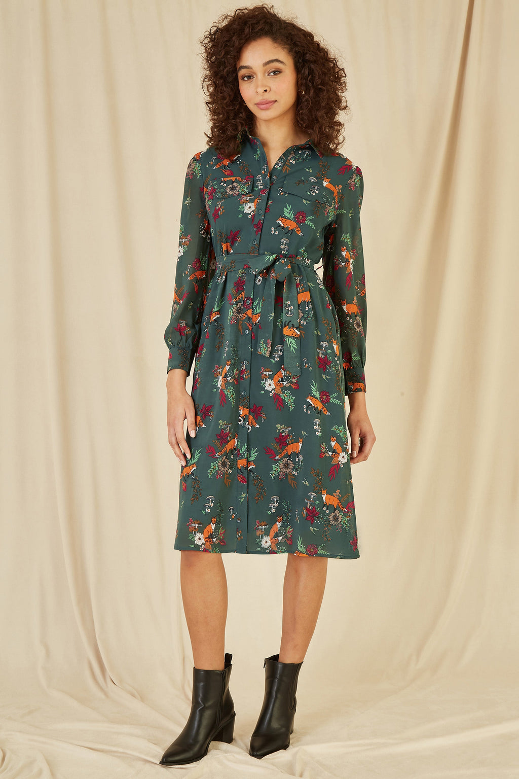 Yumi Recycled Green Fox Print Shirt Midi Dress - QHA UK