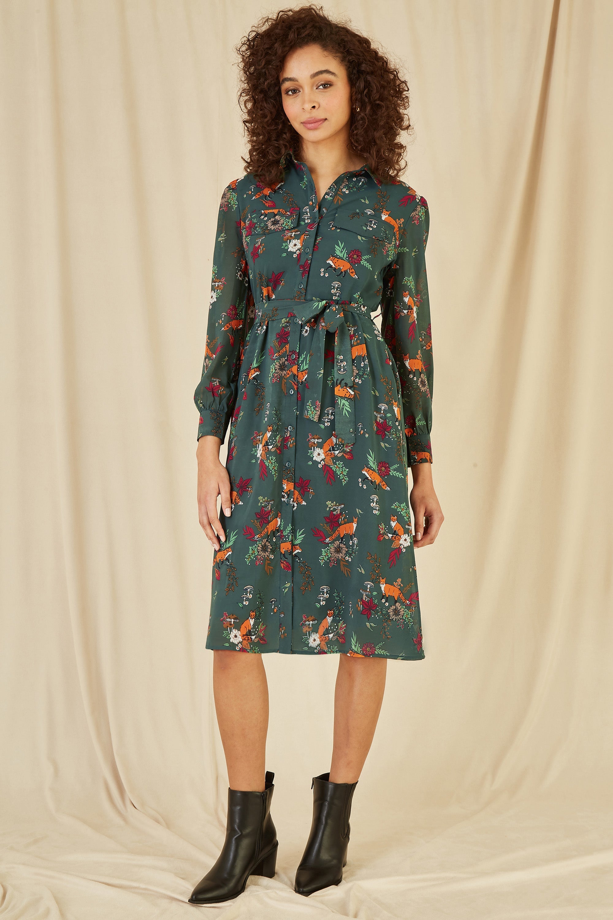 Yumi Recycled Green Fox Print Shirt Midi Dress - QHA UK