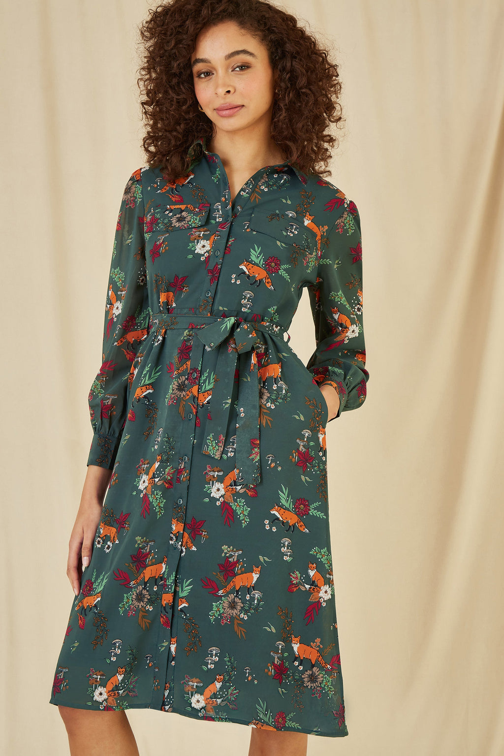 Yumi Recycled Green Fox Print Shirt Midi Dress - QHA UK