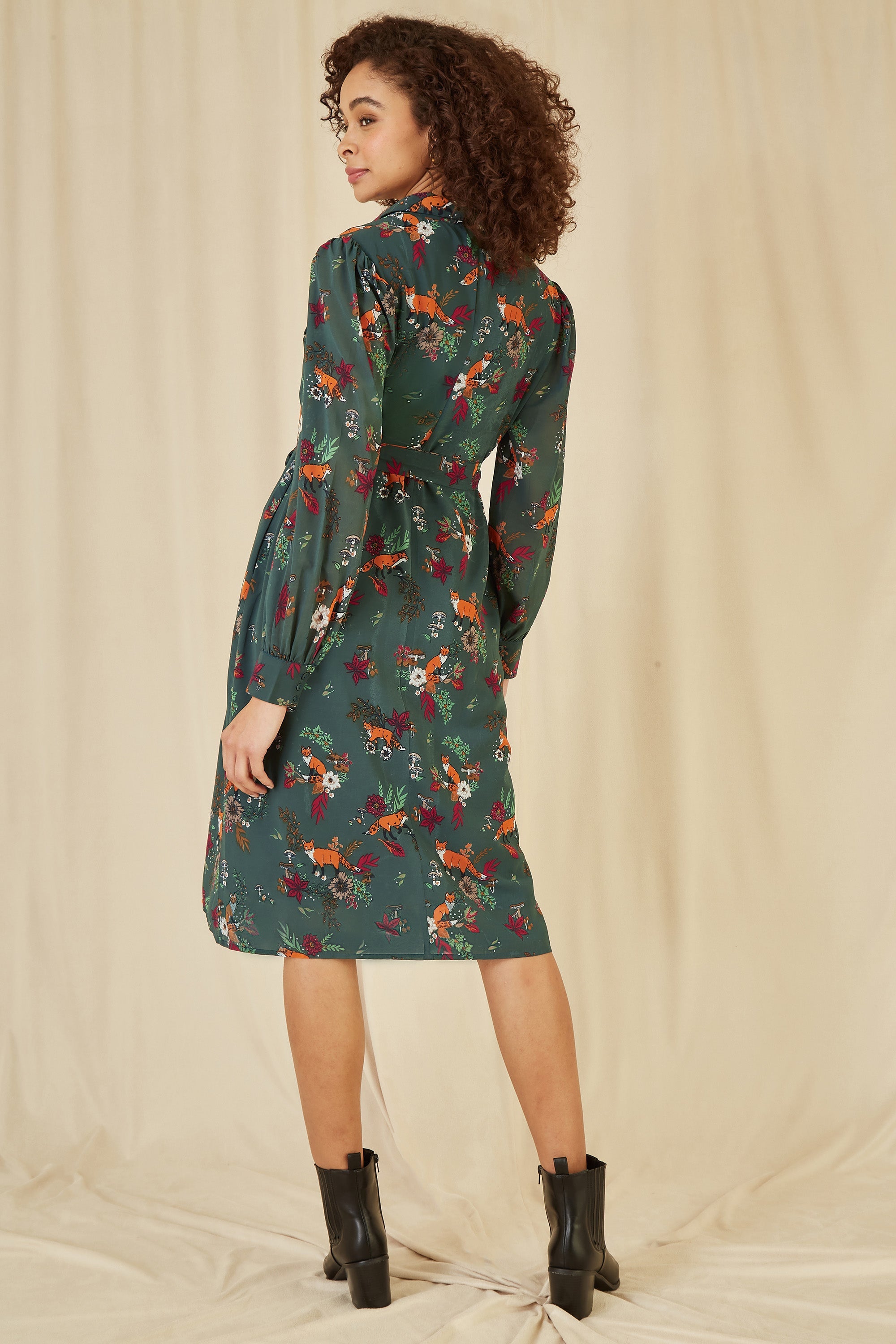 Yumi Recycled Green Fox Print Shirt Midi Dress - QHA UK