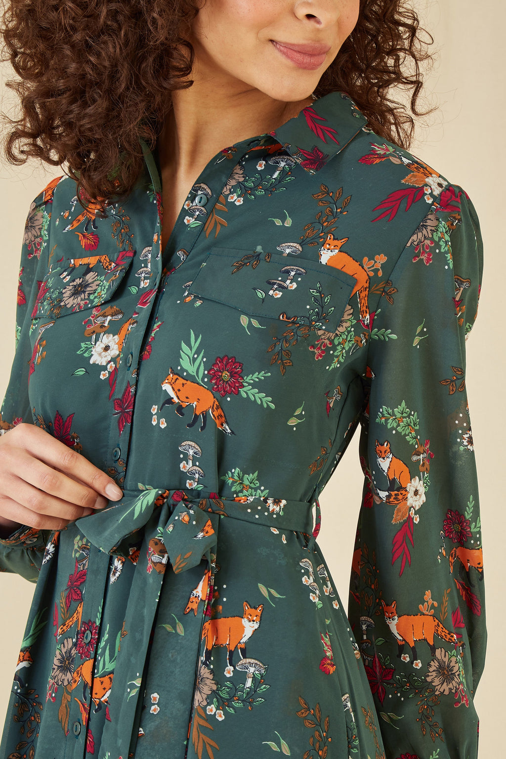 Yumi Recycled Green Fox Print Shirt Midi Dress - QHA UK