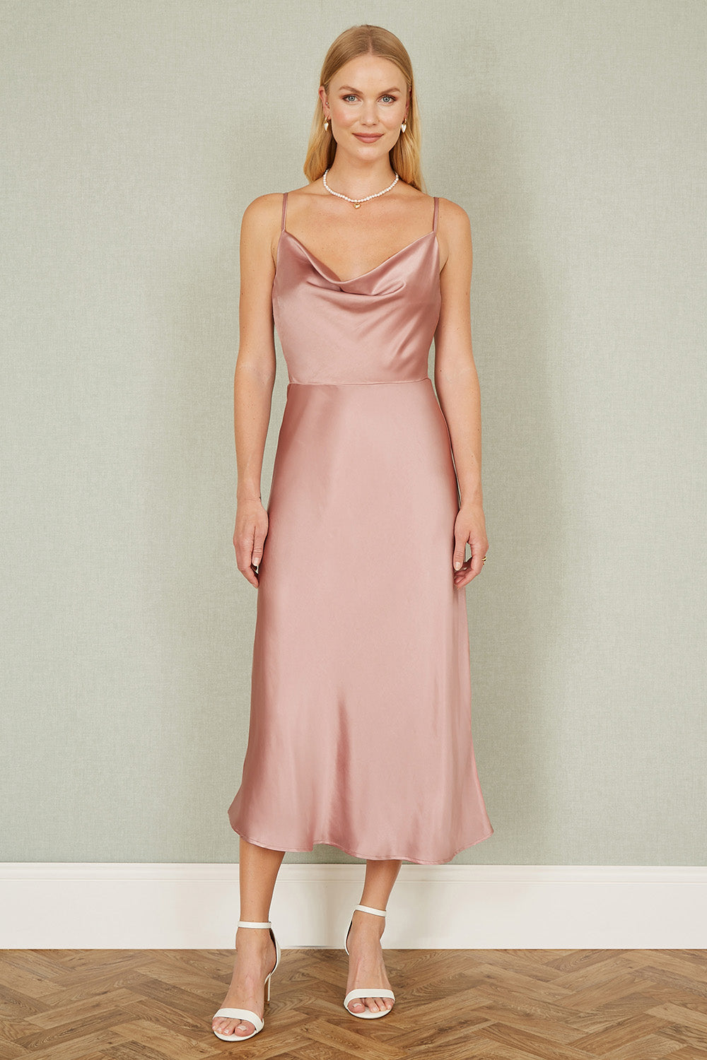 Yumi Rose Pink Satin Cowl Neck Midi Slip Dress - QHA UK