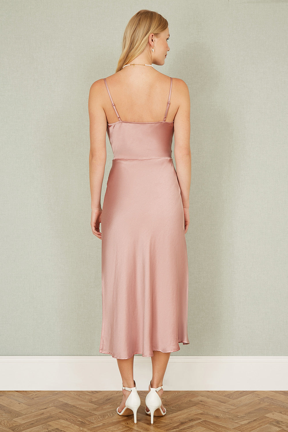 Yumi Rose Pink Satin Cowl Neck Midi Slip Dress - QHA UK
