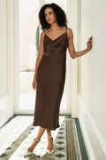 Yumi Brown Satin Cowl Neck Midi Slip Dress - QHA UK