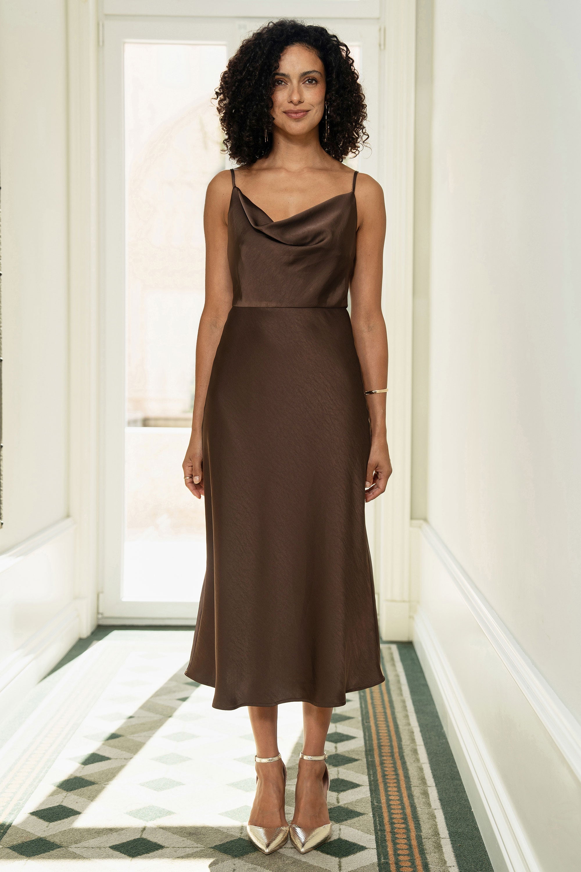 Yumi Brown Satin Cowl Neck Midi Slip Dress - QHA UK