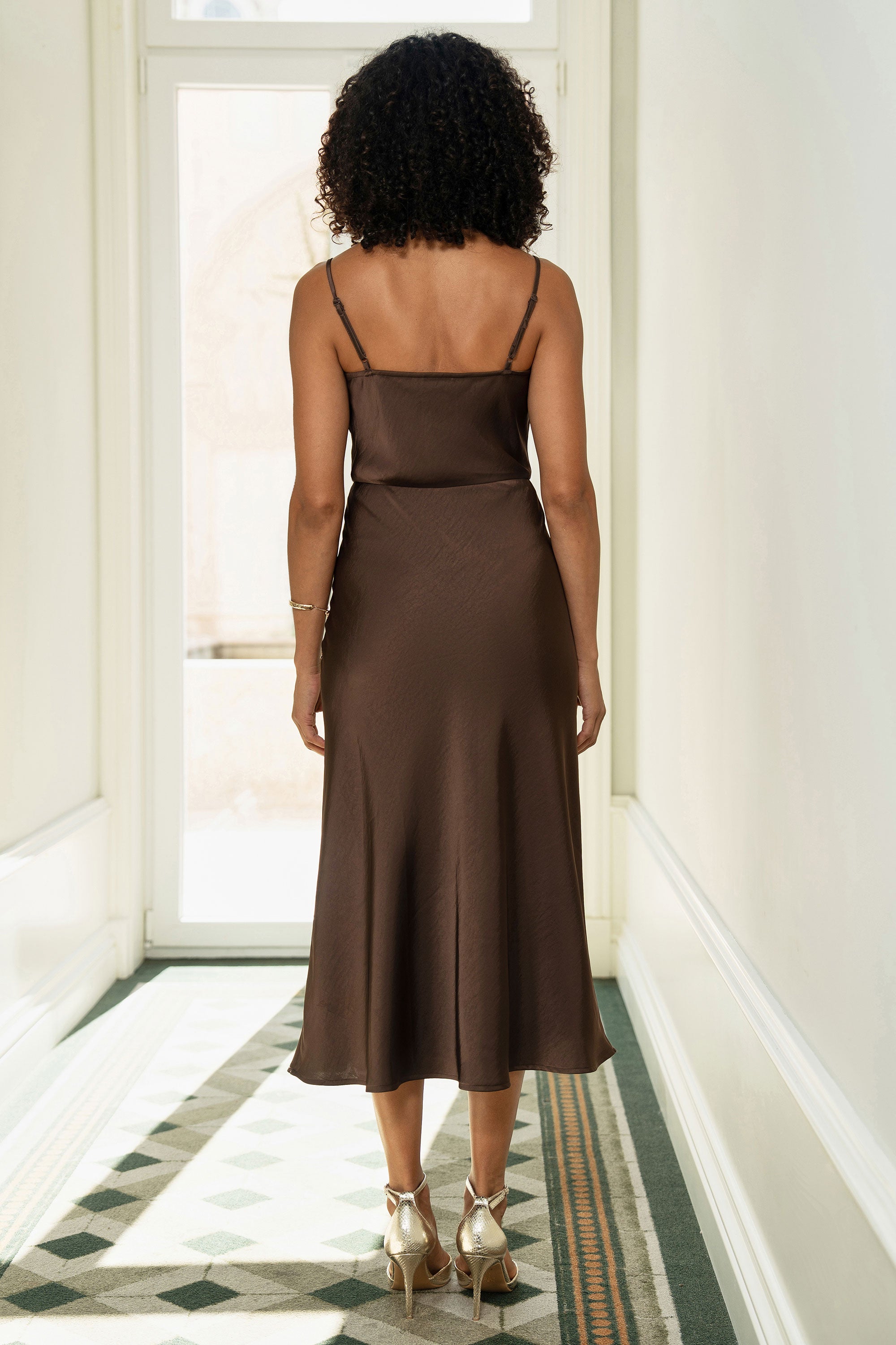 Yumi Brown Satin Cowl Neck Midi Slip Dress - QHA UK