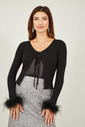 Yumi Black Ribbed Bolero With Feather Cuffs - QHA UK