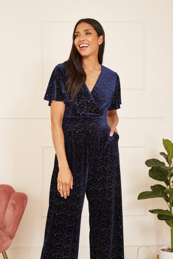 Yumi Navy Sparkle Velvet Jumpsuit - QHA UK