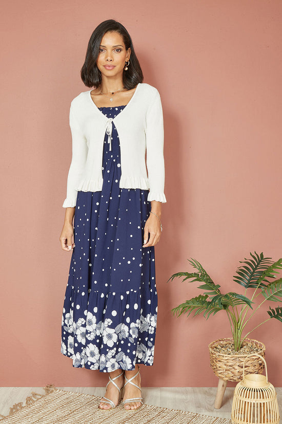 Yumi Ivory Tie Up Ribbed Cardigan With Frill Hem - QHA UK