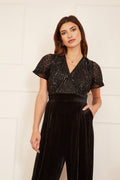 Yumi Black Sequin Embellished Velvet Jumpsuit With Angel Sleeves - QHA UK