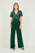 Yumi Green Sequin Embellished Velvet Jumpsuit With Angel Sleeves - QHA UK