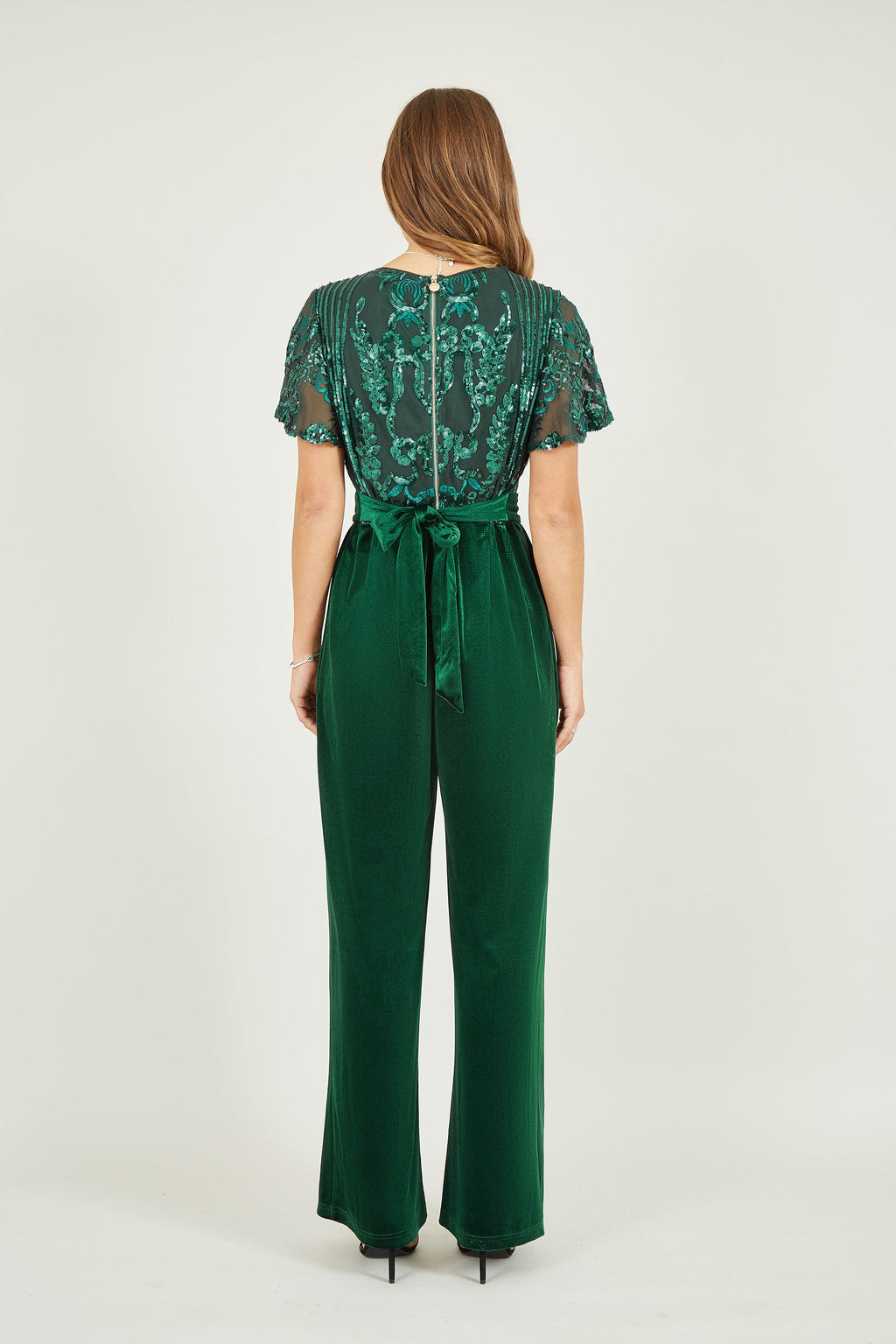 Yumi Green Sequin Embellished Velvet Jumpsuit With Angel Sleeves - QHA UK