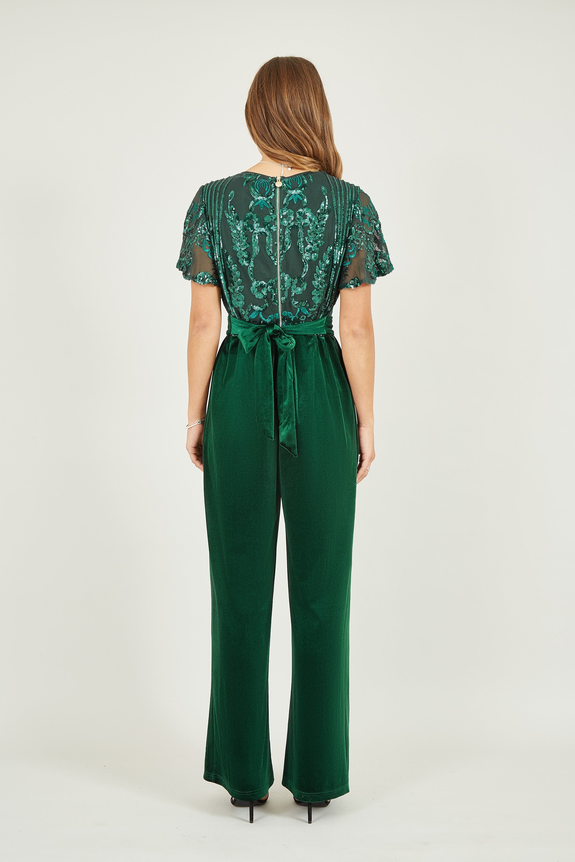 Yumi Green Sequin Embellished Velvet Jumpsuit With Angel Sleeves - QHA UK