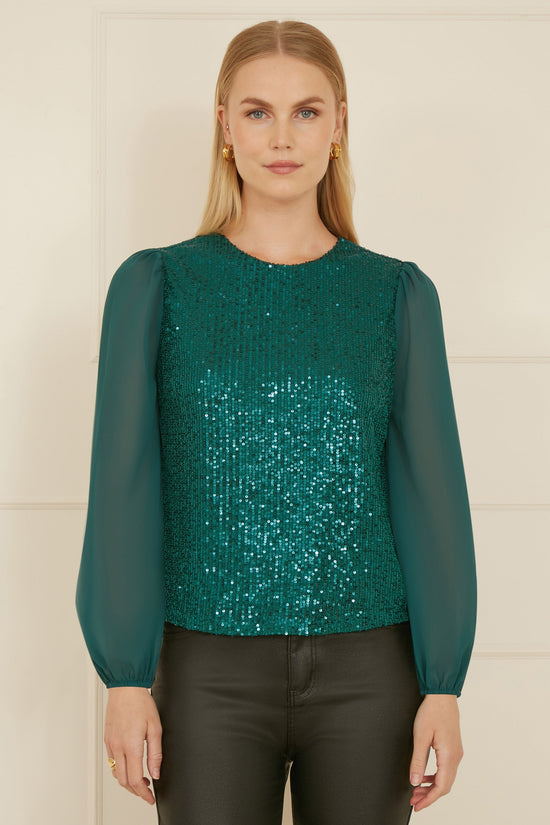 Yumi Green Sequin Top With Sheer Sleeves - QHA UK