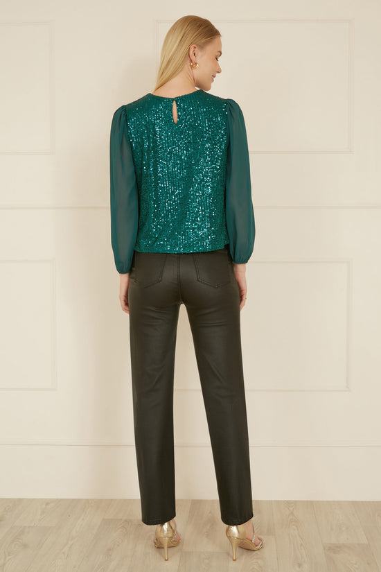 Yumi Green Sequin Top With Sheer Sleeves - QHA UK