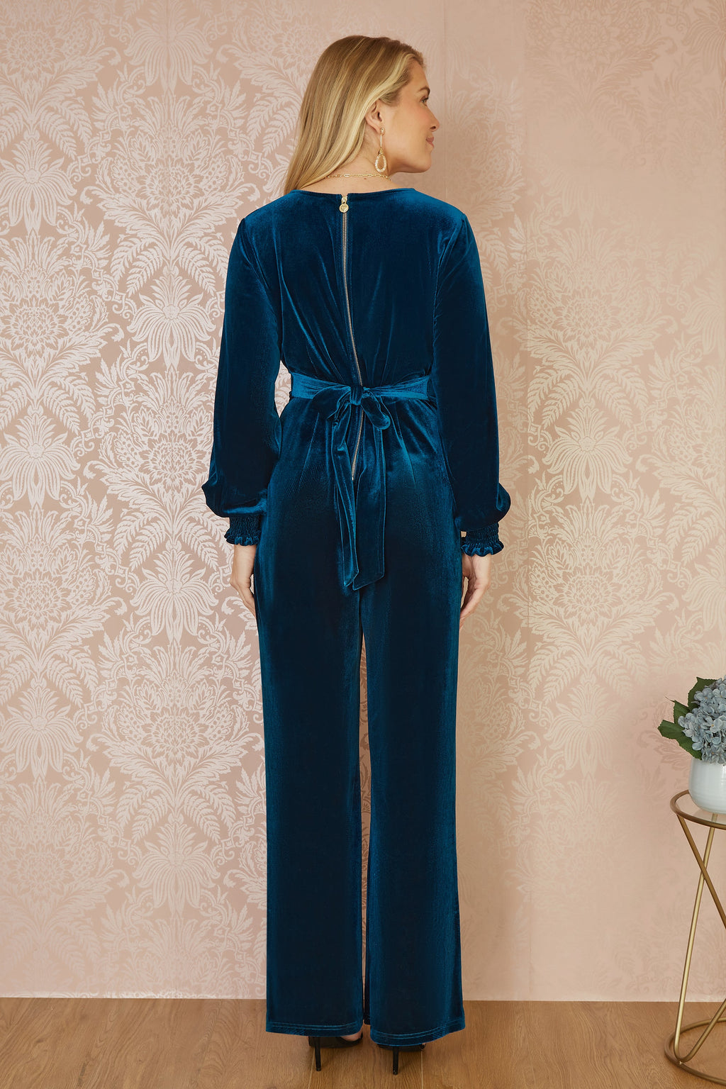 Yumi Teal Velvet Long sleeve Jumpsuit - QHA UK