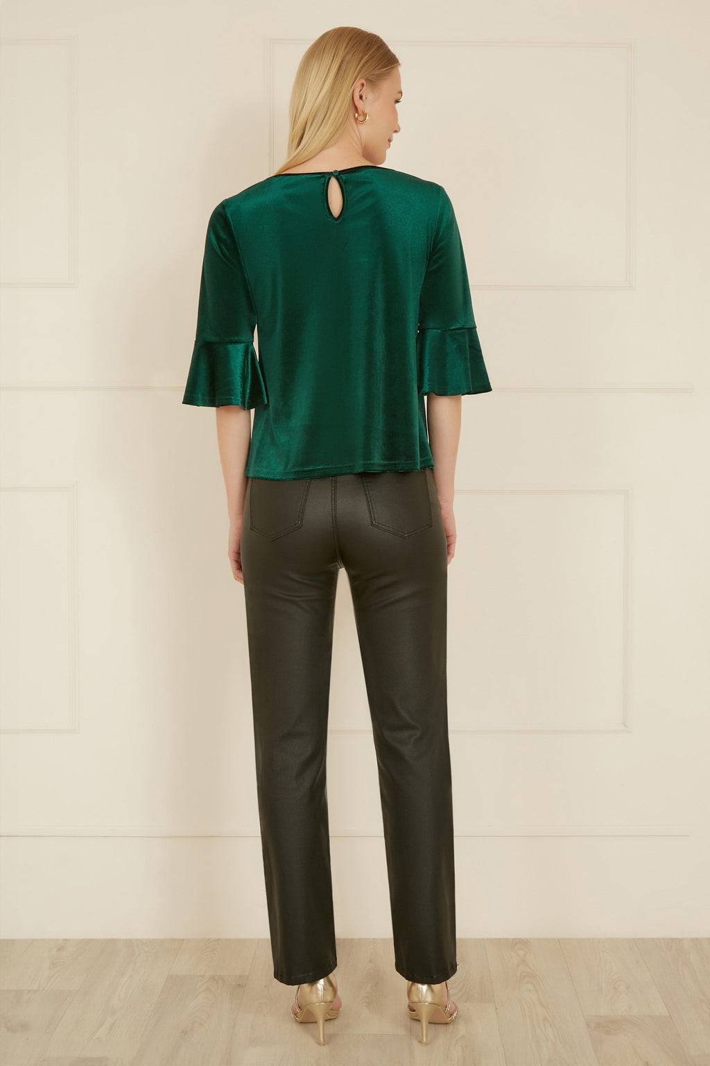 Yumi Green Velvet Relaxed Fit Top With Fluted Sleeves - QHA UK