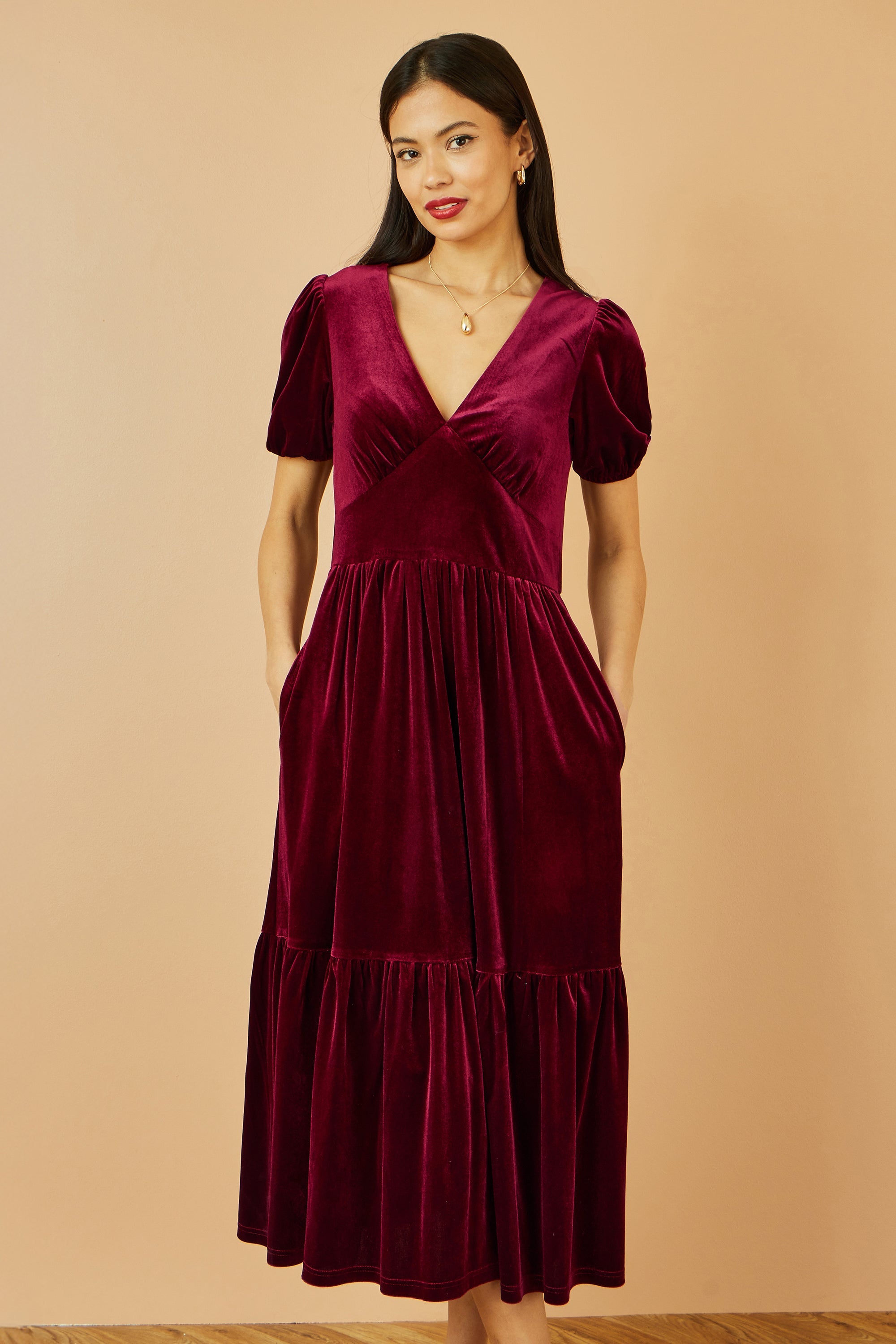 Yumi Burgundy Velvet Midi Dress - QHA UK