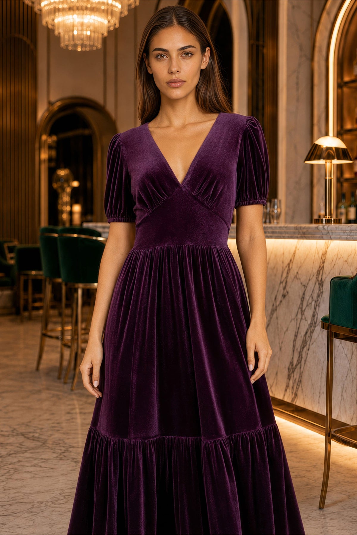 Yumi Women's Purple Velvet V-Neck Midi Dress with Tiered Skirt and Pockets
