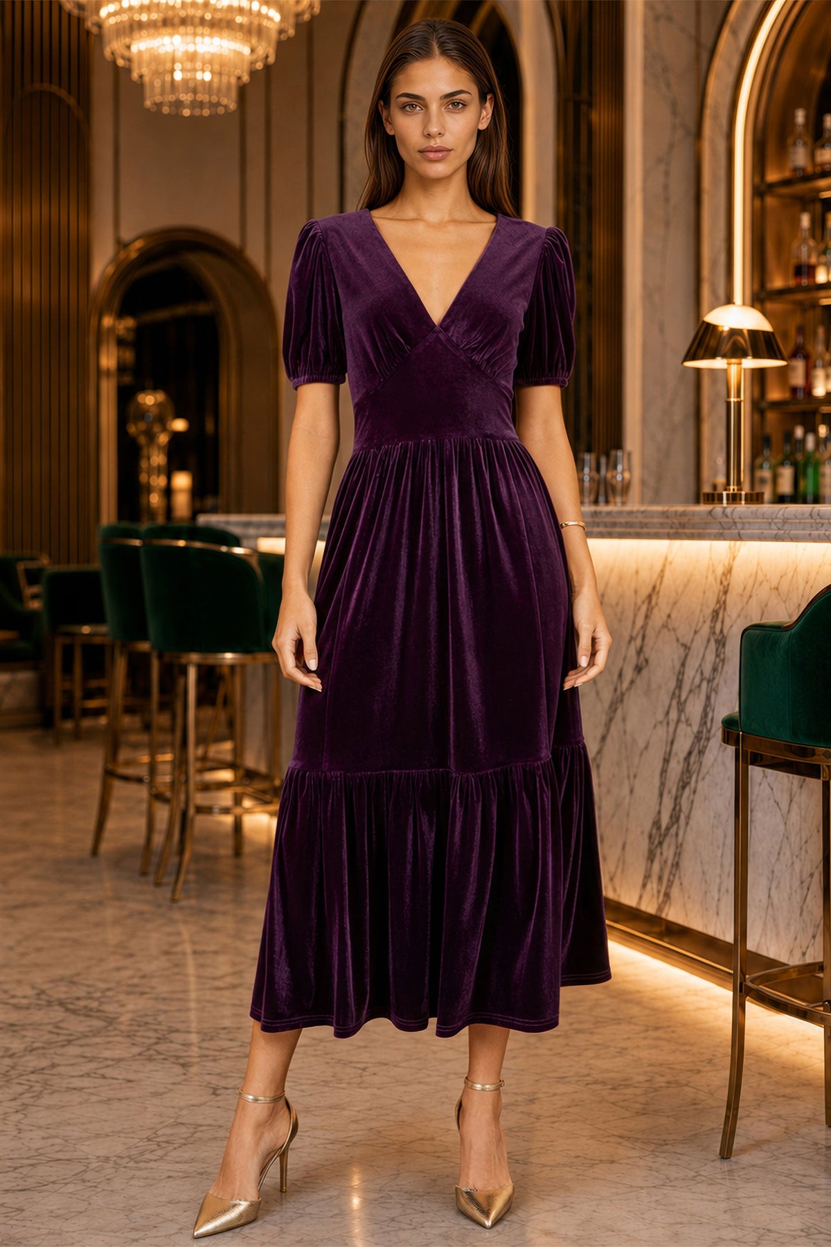 Yumi Women's Purple Velvet V-Neck Midi Dress with Tiered Skirt and Pockets