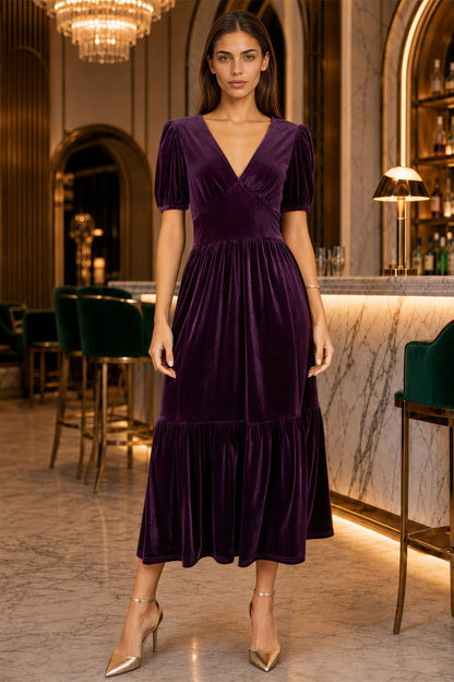 Yumi Women's Purple Velvet V-Neck Midi Dress with Tiered Skirt and Pockets