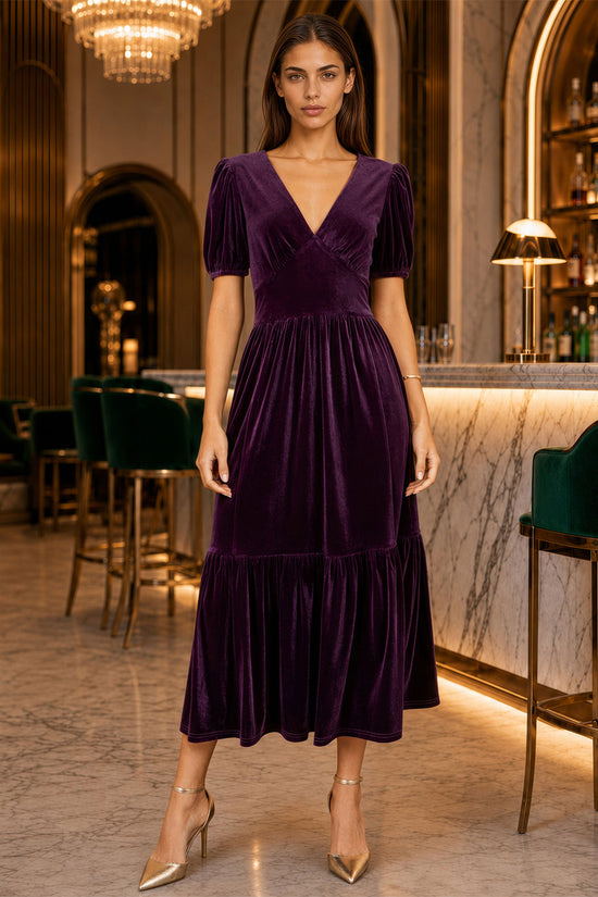 Yumi Women's Purple Velvet V-Neck Midi Dress with Tiered Skirt and Pockets