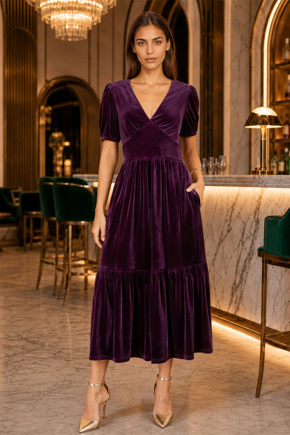 Yumi Women's Purple Velvet V-Neck Midi Dress with Tiered Skirt and Pockets