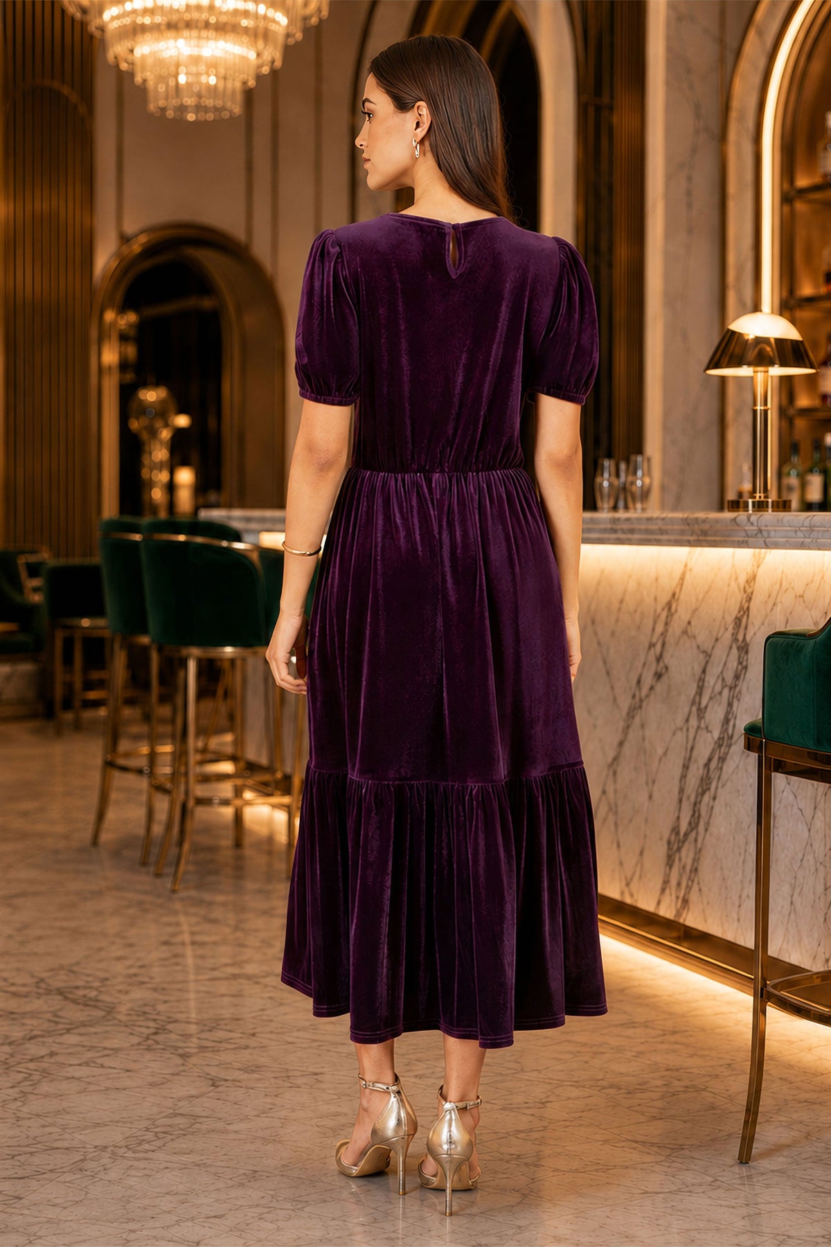 Yumi Women's Purple Velvet V-Neck Midi Dress with Tiered Skirt and Pockets
