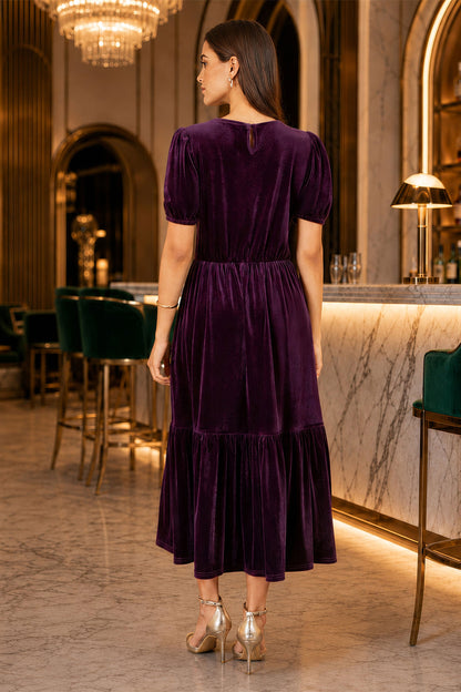 Yumi Women's Purple Velvet V-Neck Midi Dress with Tiered Skirt and Pockets