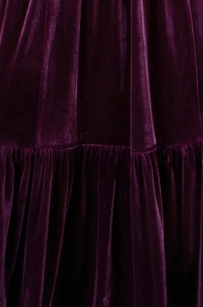 Yumi Women's Purple Velvet V-Neck Midi Dress with Tiered Skirt and Pockets