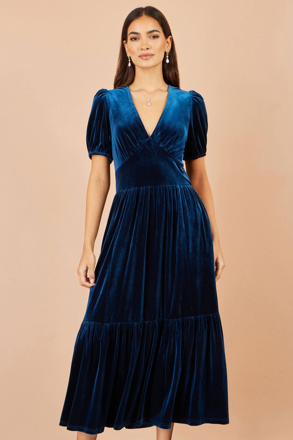 Yumi Women's Teal Velvet V-Neck Midi Dress with Tiered Skirt and Pockets