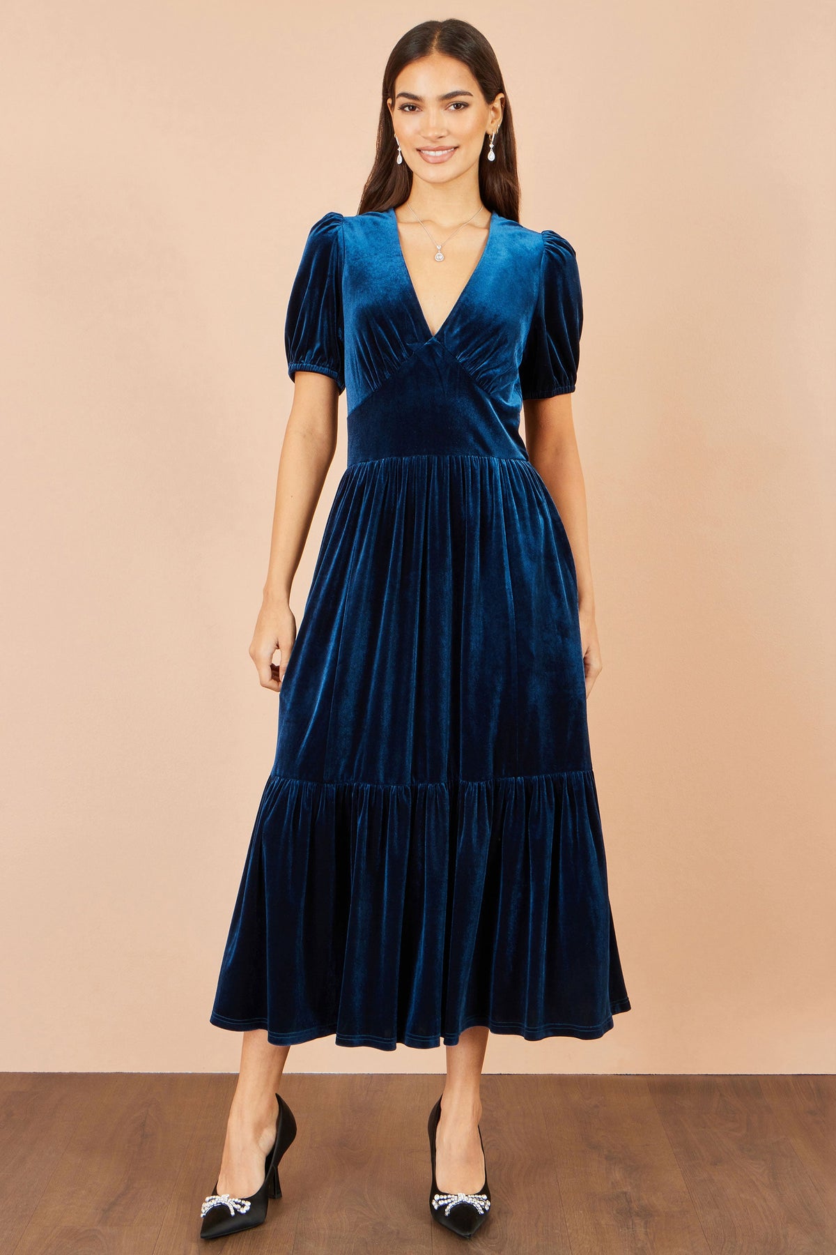 Yumi Women's Teal Velvet V-Neck Midi Dress with Tiered Skirt and Pockets