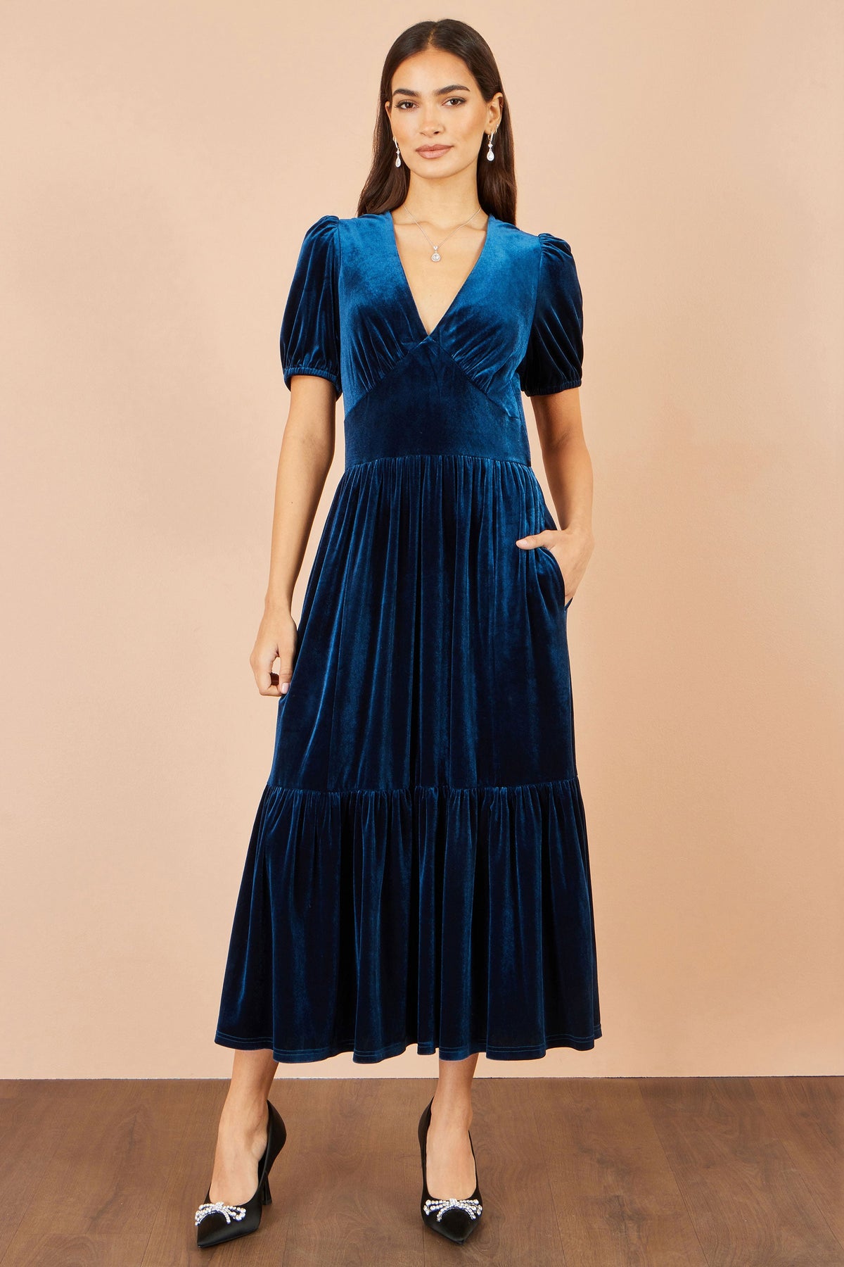 Yumi Women's Teal Velvet V-Neck Midi Dress with Tiered Skirt and Pockets