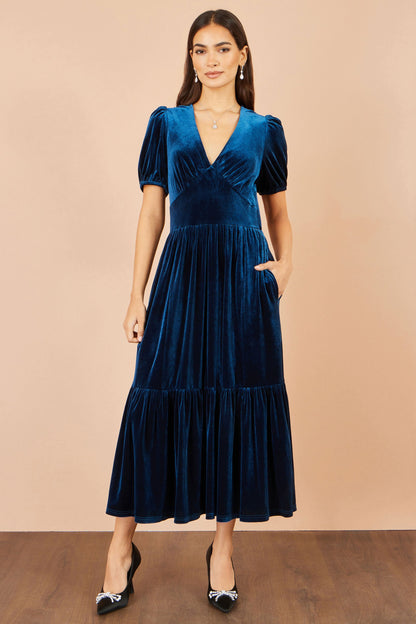 Yumi Women's Teal Velvet V-Neck Midi Dress with Tiered Skirt and Pockets