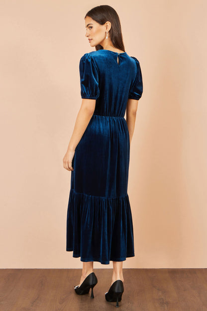 Yumi Women's Teal Velvet V-Neck Midi Dress with Tiered Skirt and Pockets