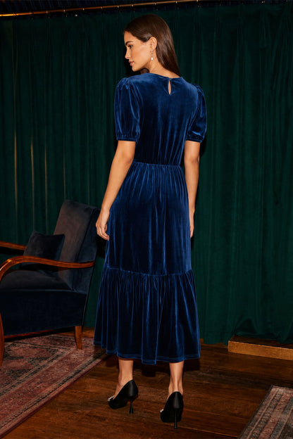 Yumi Women's Teal Velvet V-Neck Midi Dress with Tiered Skirt and Pockets